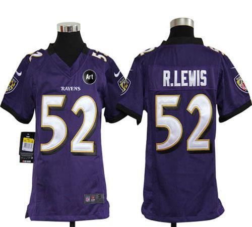 Ravens #52 Ray Lewis Purple Team Color With Art Patch Youth Stitched NFL Elite Jersey