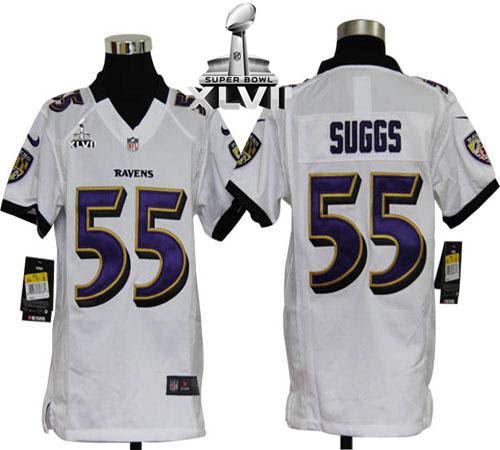 Ravens #55 Terrell Suggs White Super Bowl XLVII Youth Stitched NFL Elite Jersey