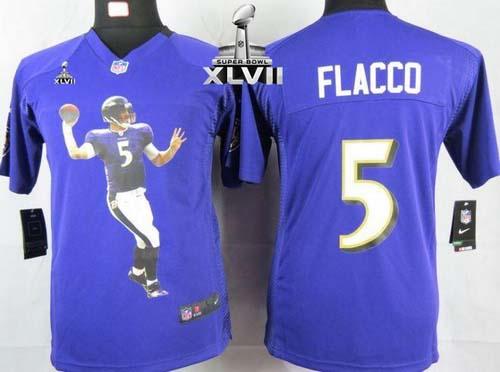 Ravens #5 Joe Flacco Purple Team Color Super Bowl XLVII Youth Portrait Fashion NFL Game Jersey