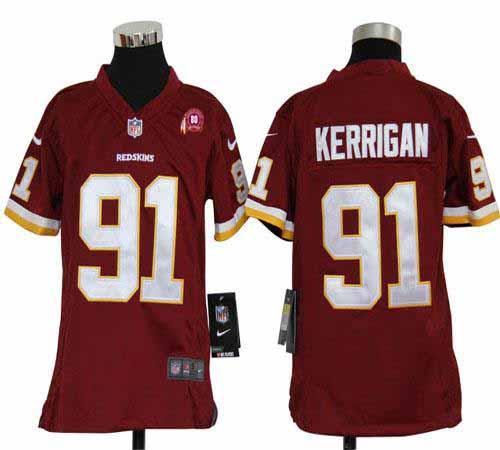 Redskins #91 Ryan Kerrigan Burgundy Red Team Color With 80TH Patch Youth Stitched NFL Elite Jersey
