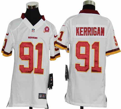 Redskins #91 Ryan Kerrigan White With 80TH Patch Youth Stitched NFL Elite Jersey
