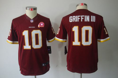 Redskins #10 Robert Griffin III Burgundy Red Team Color With 80TH Patch Youth Stitched NFL Limited Jersey