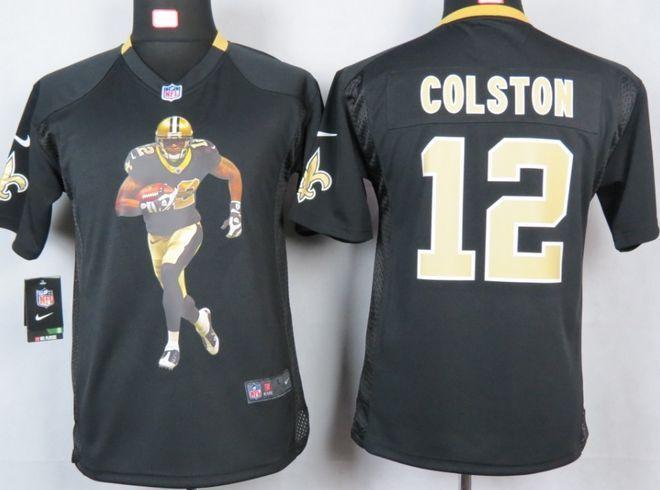 Saints #12 Marques Colston Black Team Color Youth Portrait Fashion NFL Game Jersey