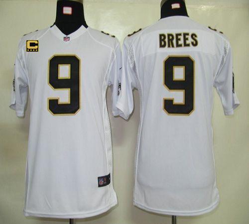 Saints #9 Drew Brees White With C Patch Youth Stitched NFL Elite Jersey