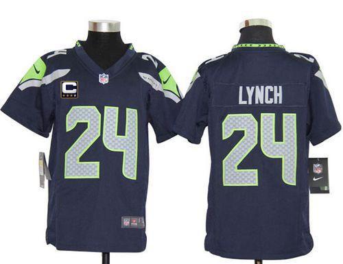 Seahawks #24 Marshawn Lynch Steel Blue With C Patch Youth Stitched NFL Elite Jersey