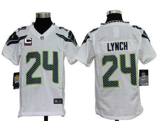 Seahawks #24 Marshawn Lynch White With C Patch Youth Stitched NFL Elite Jersey