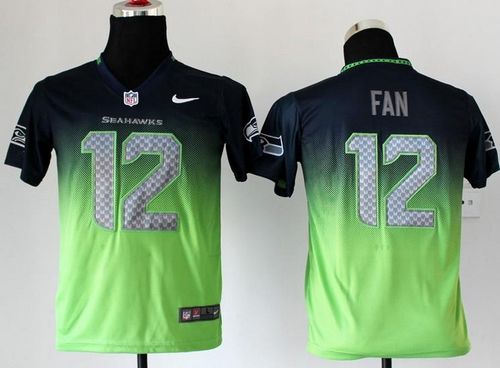 Seahawks #12 Fan Steel Blue/Green Youth Stitched NFL Elite Fadeaway Fashion Jersey