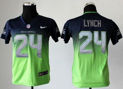 Seahawks #24 Marshawn Lynch Steel Blue/Green Youth Stitched NFL Elite Fadeaway Fashion Jersey