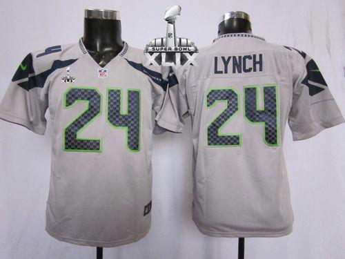 Seahawks #24 Marshawn Lynch Grey Alternate Super Bowl XLIX Youth Stitched NFL Elite Jersey