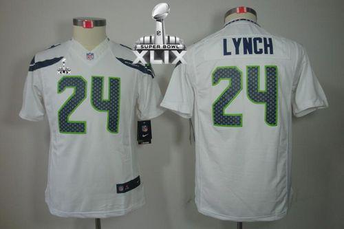 Seahawks #24 Marshawn Lynch White Super Bowl XLIX Youth Stitched NFL Limited Jersey