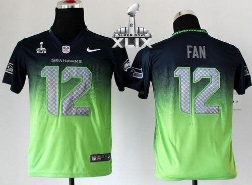 Seahawks #12 Fan Steel Blue/Green Super Bowl XLIX Youth Stitched NFL Elite Fadeaway Fashion Jersey