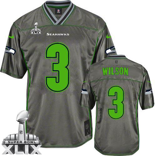 Seahawks #3 Russell Wilson Grey Super Bowl XLIX Youth Stitched NFL Elite Vapor Jersey
