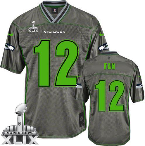 Seahawks #12 Fan Grey Super Bowl XLIX Youth Stitched NFL Elite Vapor Jersey