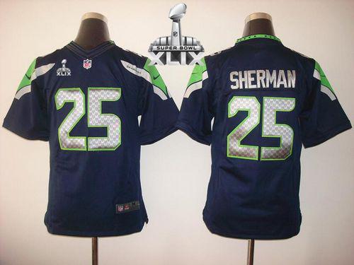 Seahawks #25 Richard Sherman Steel Blue Team Color Super Bowl XLIX Youth Stitched NFL Limited Jersey