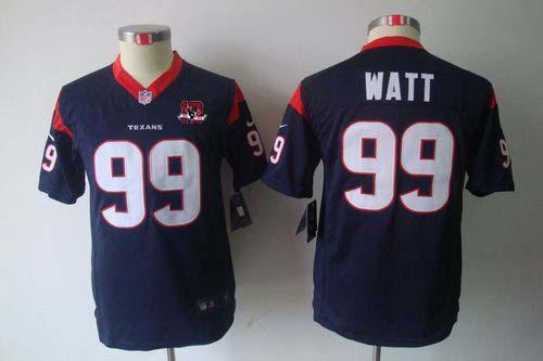 Texans #99 J.J. Watt Navy Blue Team Color With 10TH Patch Youth Stitched NFL Limited Jersey