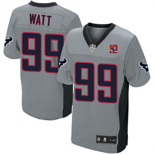 Texans #99 J.J. Watt Grey Shadow With 10TH Patch Youth Stitched NFL Elite Jersey