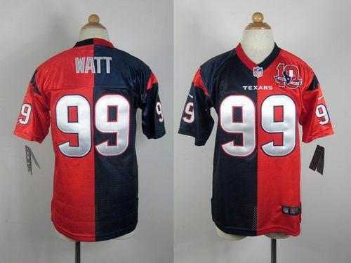 Texans #99 J.J. Watt Navy Blue/Red With 10TH Patch Youth Stitched NFL Elite Split Jersey
