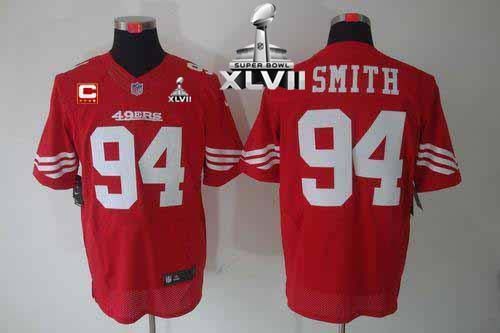 49ers #94 Justin Smith Red Team Color With C Patch Super Bowl XLVII Men's Stitched NFL Elite Jersey