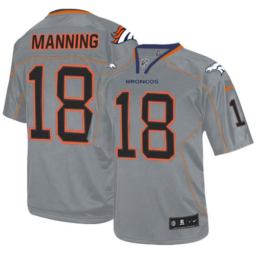Broncos #18 Peyton Manning Lights Out Grey Men's Stitched NFL Elite Jersey