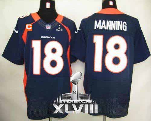 Broncos #18 Peyton Manning Navy Blue With C Patch Super Bowl XLVIII Men's Stitched NFL Elite Jersey