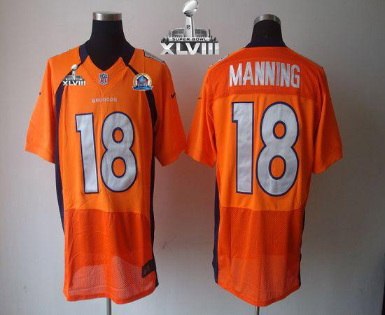 Broncos #18 Peyton Manning Orange Team Color With Hall of Fame 50th Patch Super Bowl XLVIII Men's Stitched NFL Elite Jersey