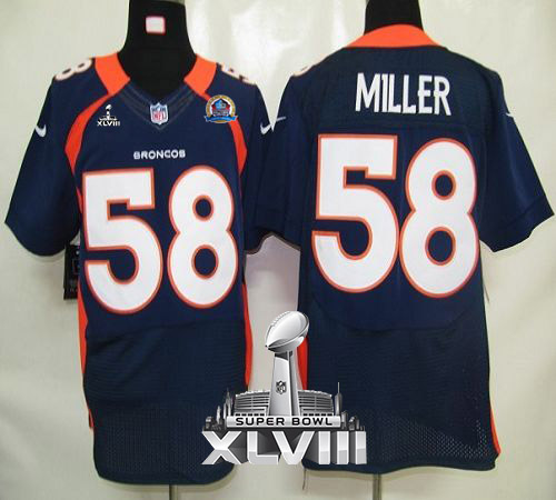 Broncos #58 Von Miller Navy Blue Alternate With Hall of Fame 50th Patch Super Bowl XLVIII Men's Stitched NFL Elite Jersey