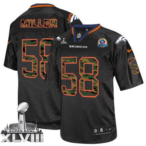 Broncos #58 Von Miller Black With Hall of Fame 50th Patch Super Bowl XLVIII Men's Stitched NFL Elite Camo Fashion Jersey
