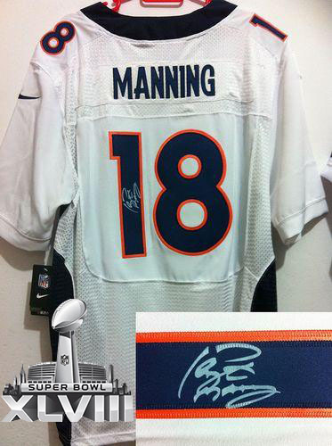 Broncos #18 Peyton Manning White Super Bowl XLVIII Men's Stitched NFL Elite Autographed Jersey