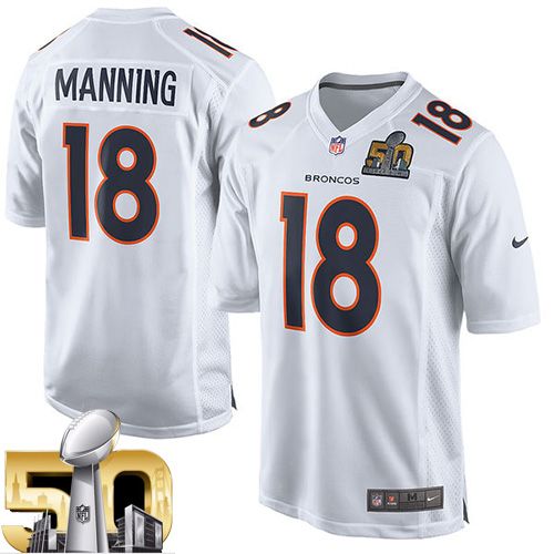 Broncos #18 Peyton Manning White Super Bowl 50 Men's Stitched NFL Game Event Jersey