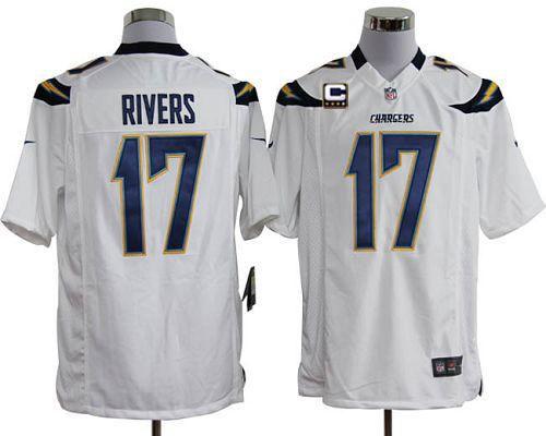 Chargers #17 Philip Rivers White With C Patch Men's Stitched NFL Game Jersey