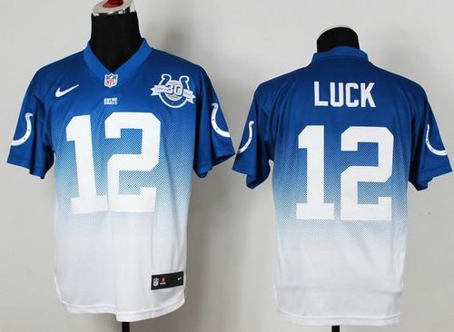 Colts #12 Andrew Luck Royal Blue/White With 30TH Seasons Patch Men's Stitched NFL Elite Fadeaway Fashion Jersey