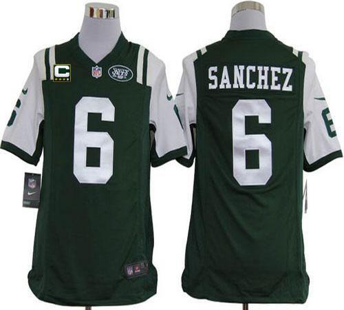 Jets #6 Mark Sanchez Green Team Color With C Patch Men's Stitched NFL Game Jersey