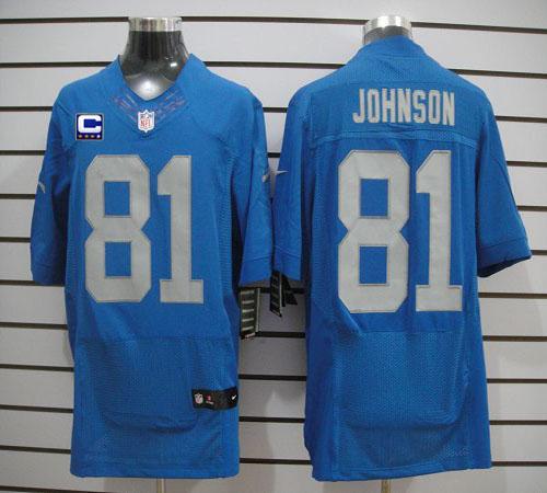 Lions #81 Calvin Johnson Blue Alternate Throwback With C Patch Men's Stitched NFL Elite Jersey