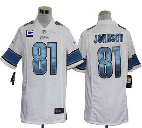 Lions #81 Calvin Johnson White With C Patch Men's Stitched NFL Game Jersey