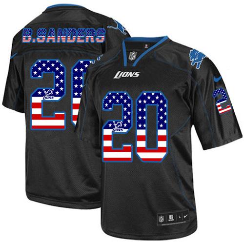 Lions #20 Barry Sanders Black Men's Stitched NFL Elite USA Flag Fashion Jersey