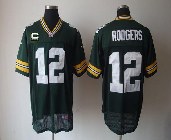 Packers #12 Aaron Rodgers Green Team Color With C Patch Men's Stitched NFL Elite Jersey