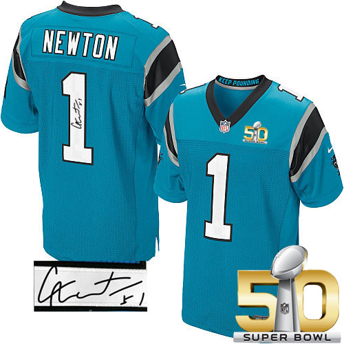 Panthers #1 Cam Newton Blue Alternate Super Bowl 50 Men's Stitched NFL Elite Autographed Jersey