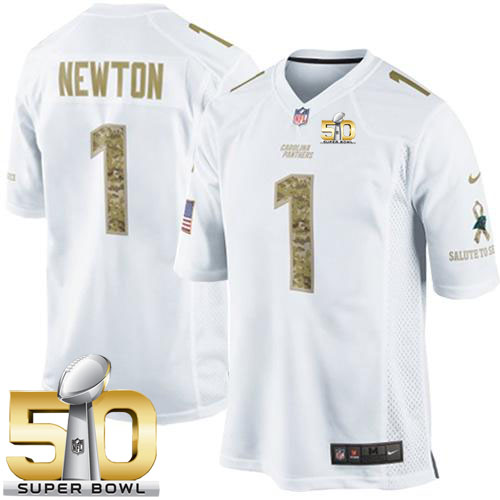 Panthers #1 Cam Newton White Super Bowl 50 Men's Stitched NFL Limited Salute to Service Jersey