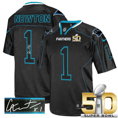 Panthers #1 Cam Newton Lights Out Black Super Bowl 50 Men's Stitched NFL Elite Autographed Jersey