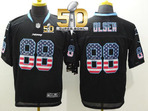 Panthers #88 Greg Olsen Black Super Bowl 50 Men's Stitched NFL Elite USA Flag Fashion Jersey