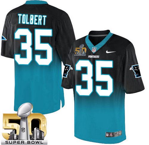 Panthers #35 Mike Tolbert Black/Blue Super Bowl 50 Men's Stitched NFL Elite Fadeaway Fashion Jersey