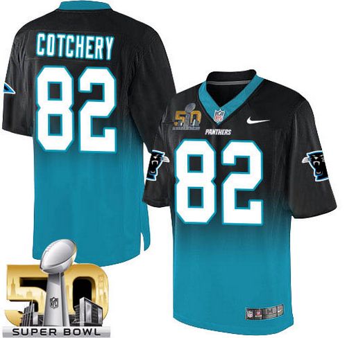 Panthers #82 Jerricho Cotchery Black/Blue Super Bowl 50 Men's Stitched NFL Elite Fadeaway Fashion Jersey