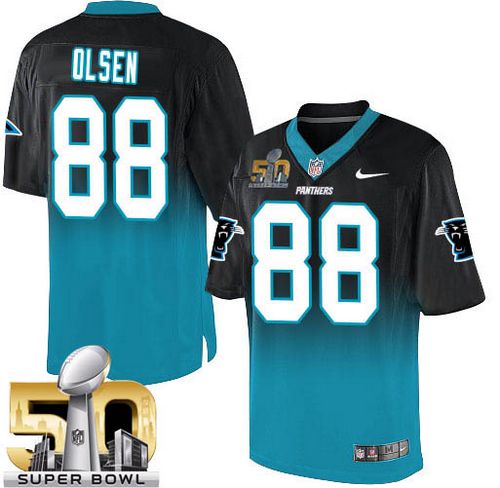 Panthers #88 Greg Olsen Black/Blue Super Bowl 50 Men's Stitched NFL Elite Fadeaway Fashion Jersey