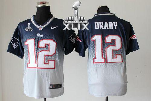 Patriots #12 Tom Brady Navy Blue/Grey Super Bowl XLIX Men's Stitched NFL Elite Fadeaway Fashion Jersey