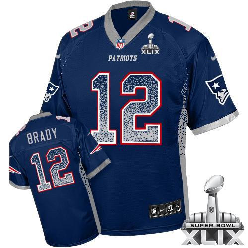 Patriots #12 Tom Brady Navy Blue Team Color Super Bowl XLIX Men's Stitched NFL Elite Drift Fashion Jersey