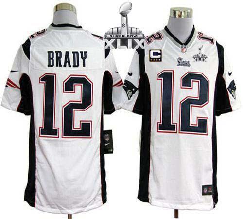 Patriots #12 Tom Brady White With C Patch Super Bowl XLIX Men's Stitched NFL Game Jersey