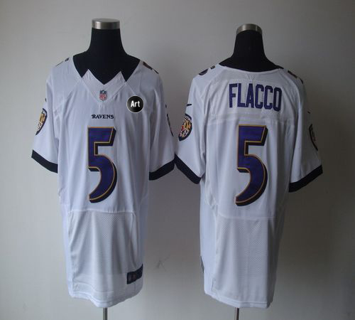 Ravens #5 Joe Flacco White With Art Patch Men's Stitched NFL Elite Jersey