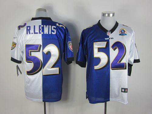 Ravens #52 Ray Lewis Purple/White With Hall of Fame 50th Patch Men's Stitched NFL Elite Split Jersey