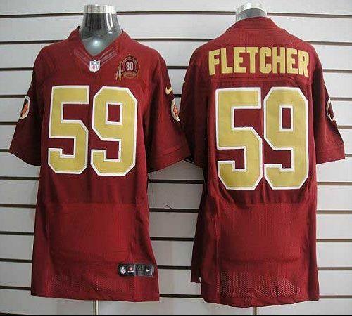Redskins #59 London Fletcher Red(Gold Number) 80TH Patch Men's Stitched NFL Elite Jersey