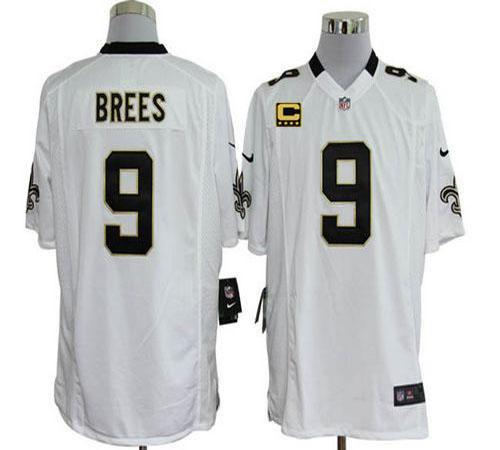 Saints #9 Drew Brees White With C Patch Men's Stitched NFL Game Jersey